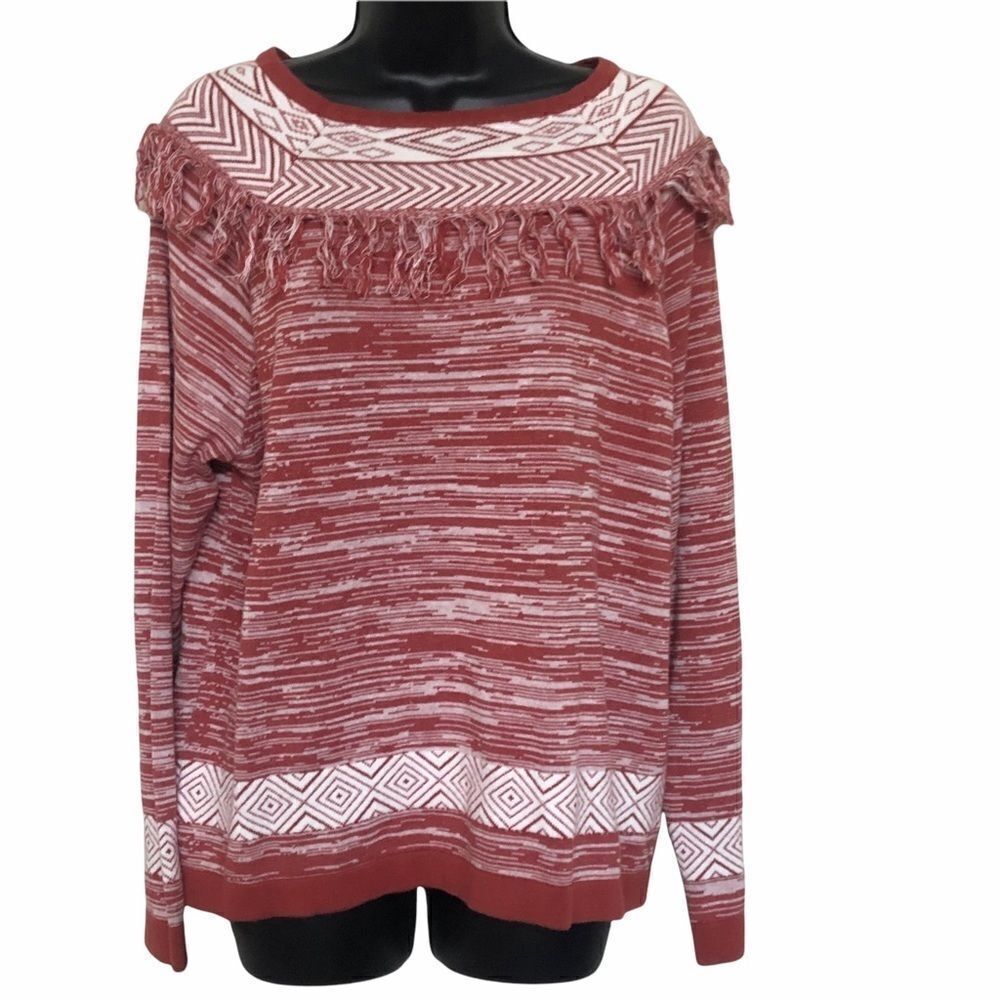 Koret Crew Neck Sweater with fringe detail in white and coral Size Large